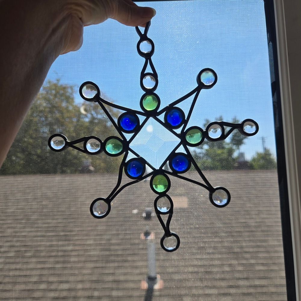 Starburst Stained Glass Suncatcher Beveled Iridescent Blue Green 9" Long